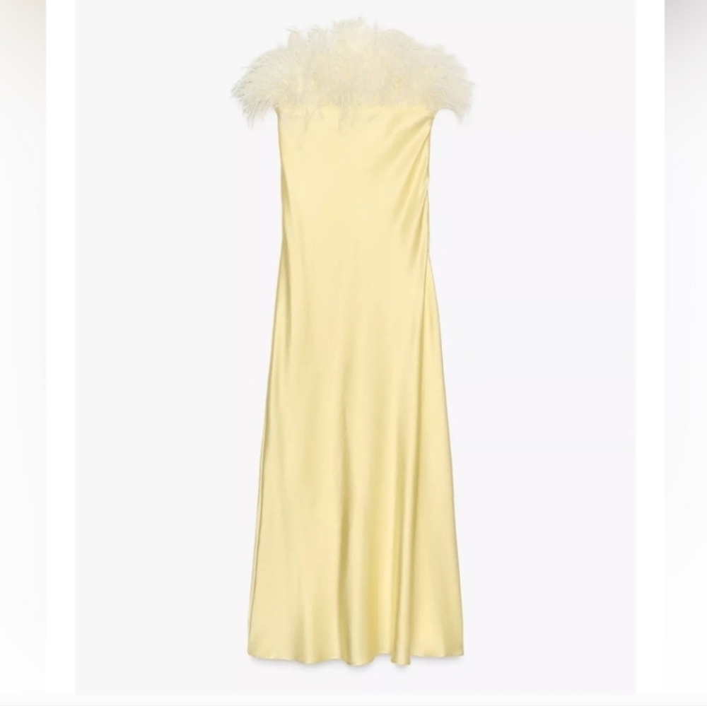 Zara Feathered Satin Midi Dress Yellow Size L - Picture 16 of 16